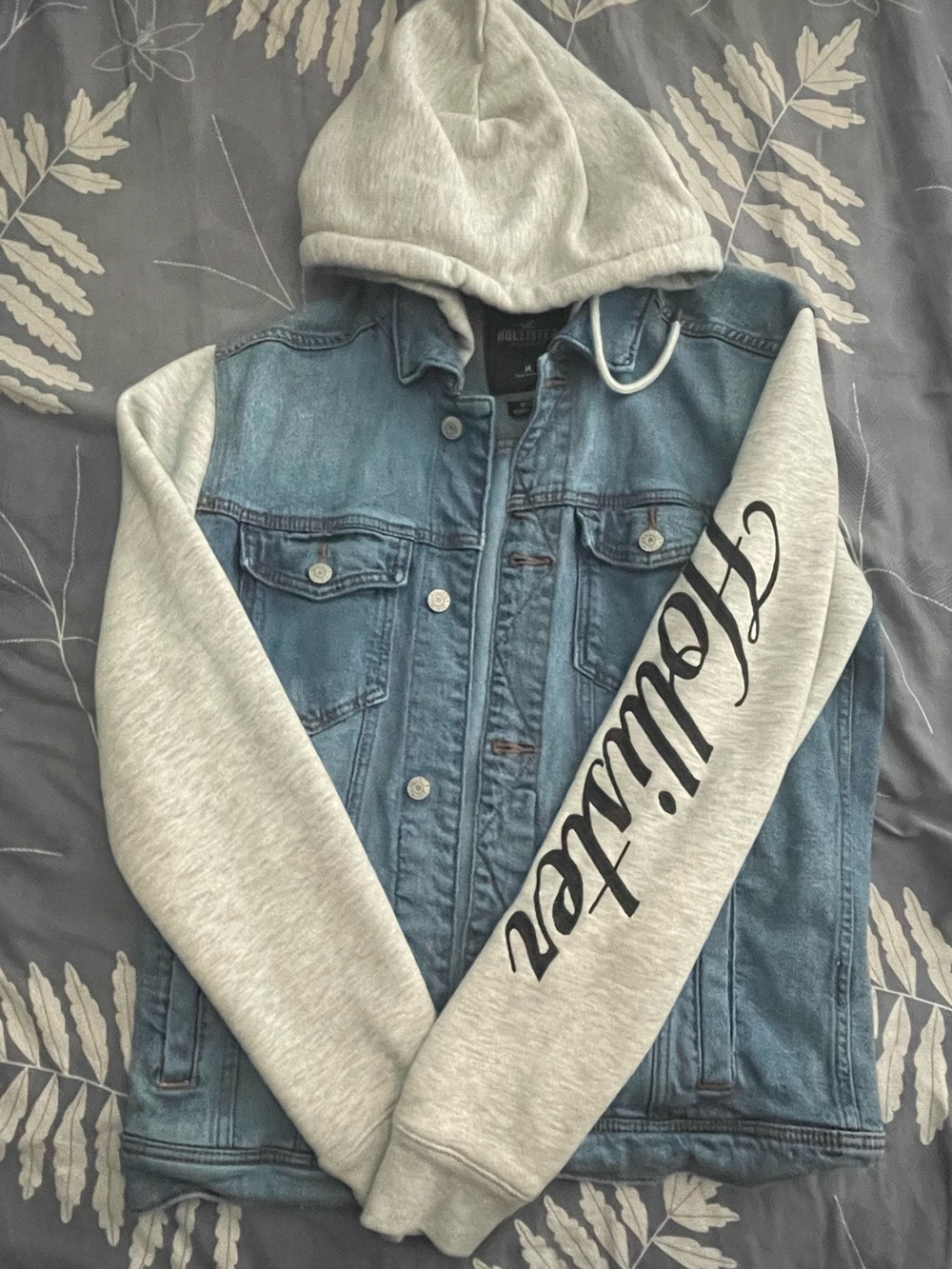 Hollister Blue Denim Jacket with Gray Hoodie Sleeves